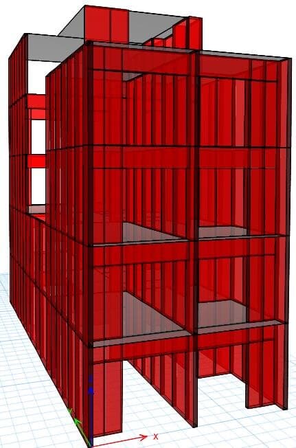 Three-dimensional structural analysis model of Monte Alegre Suites showing the reinforced-concrete shear walls